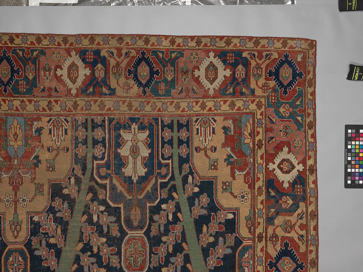 Carpet with Tree and Cartouche Design, Cotton (warp and weft), wool (pile); asymmetrically knotted pile