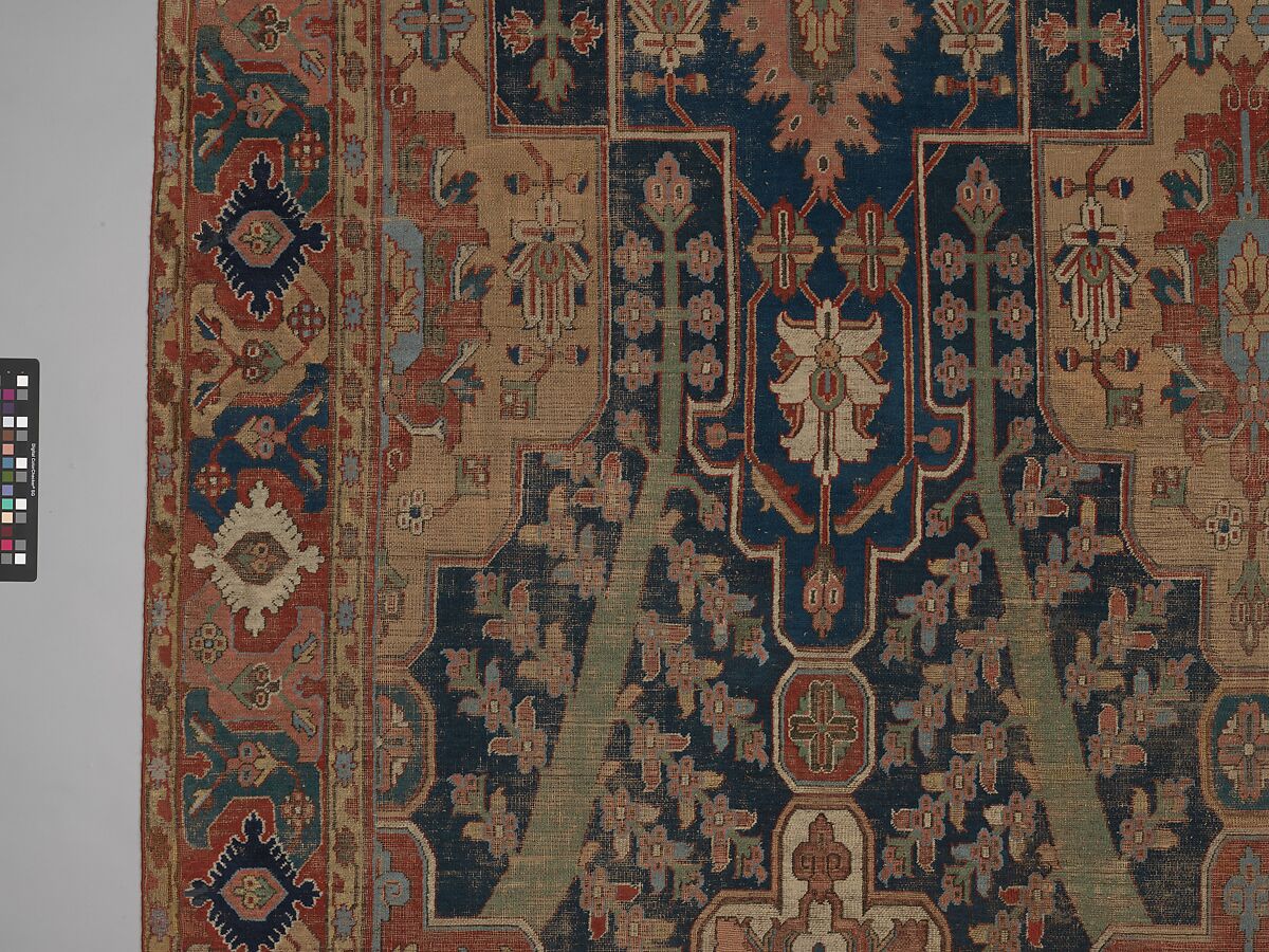 Carpet with Tree and Cartouche Design, Cotton (warp and weft), wool (pile); asymmetrically knotted pile