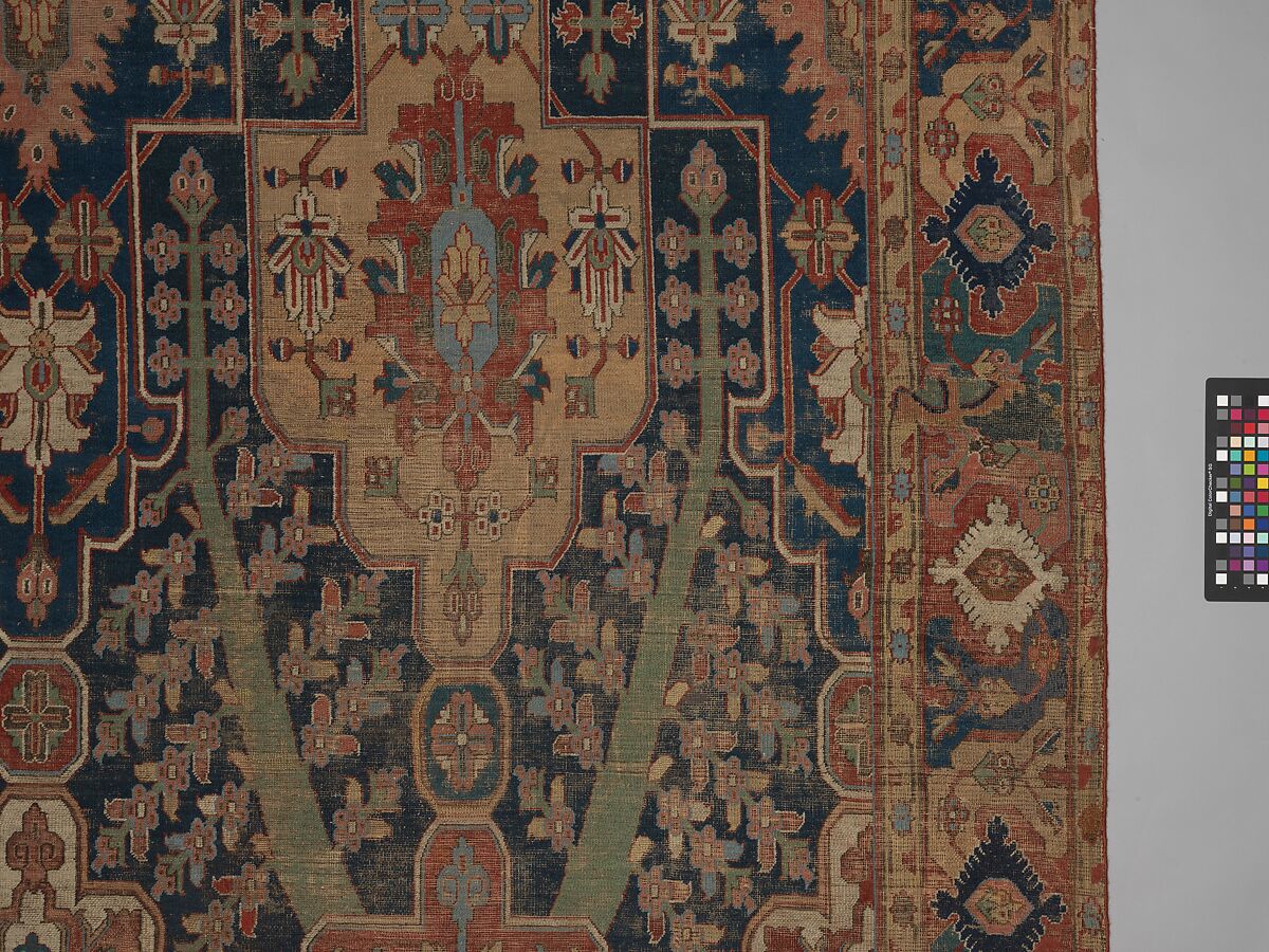 Carpet with Tree and Cartouche Design, Cotton (warp and weft), wool (pile); asymmetrically knotted pile