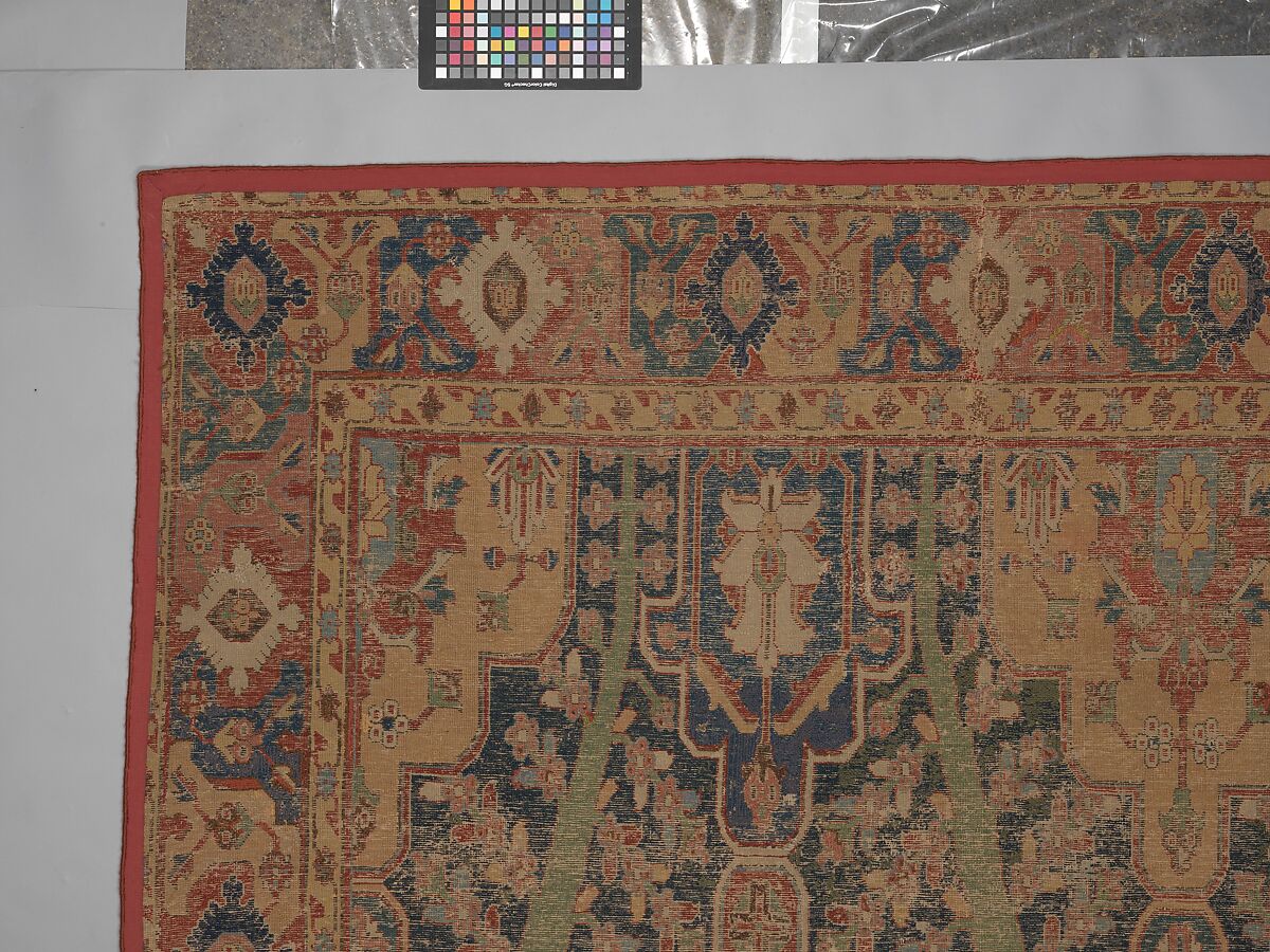 Carpet with Tree and Cartouche Design, Cotton (warp and weft), wool (pile); asymmetrically knotted pile