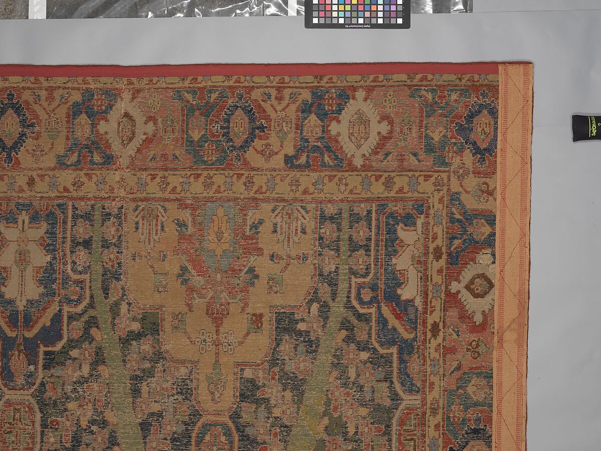 Carpet with Tree and Cartouche Design, Cotton (warp and weft), wool (pile); asymmetrically knotted pile