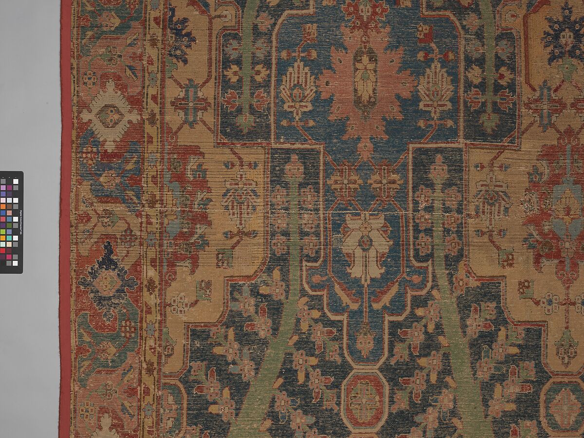 Carpet with Tree and Cartouche Design, Cotton (warp and weft), wool (pile); asymmetrically knotted pile