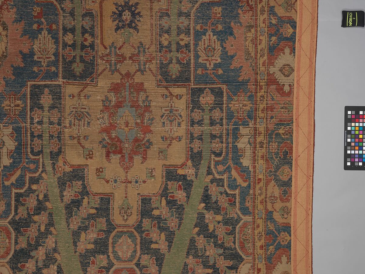 Carpet with Tree and Cartouche Design, Cotton (warp and weft), wool (pile); asymmetrically knotted pile