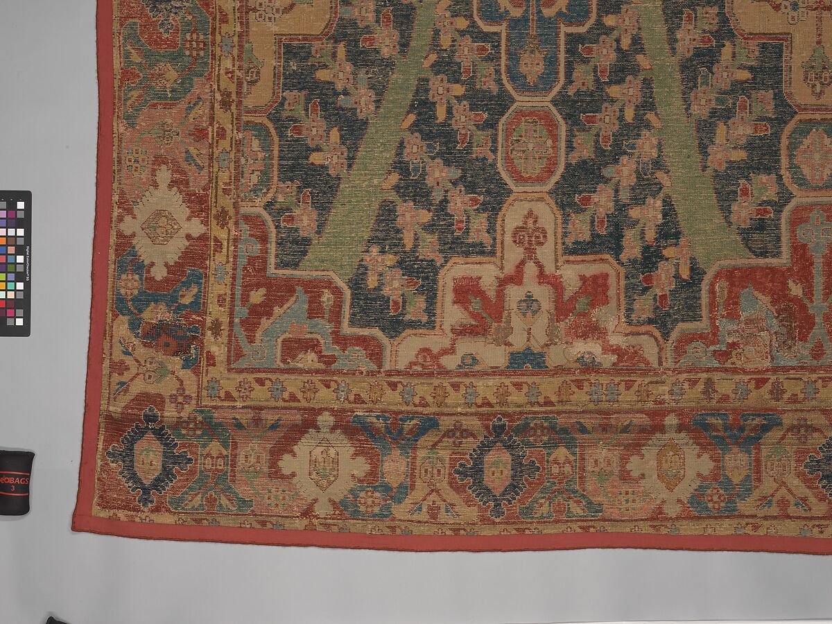 Carpet with Tree and Cartouche Design, Cotton (warp and weft), wool (pile); asymmetrically knotted pile