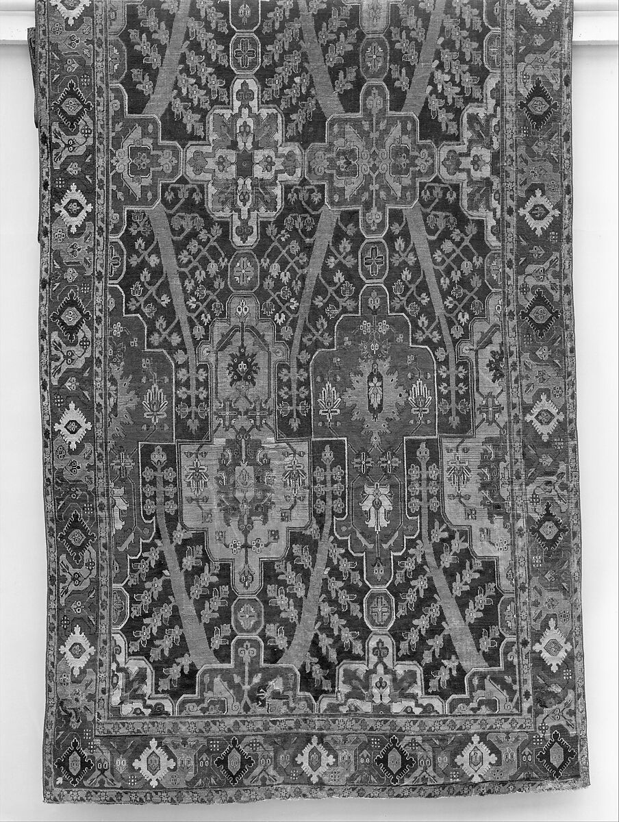 Carpet with Tree and Cartouche Design, Cotton (warp and weft), wool (pile); asymmetrically knotted pile