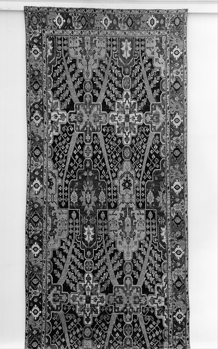 Carpet with Tree and Cartouche Design, Cotton (warp and weft), wool (pile); asymmetrically knotted pile