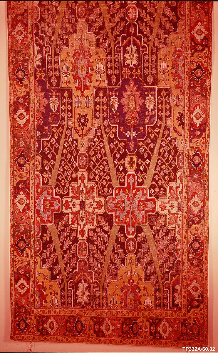 Carpet with Tree and Cartouche Design, Cotton (warp and weft), wool (pile); asymmetrically knotted pile