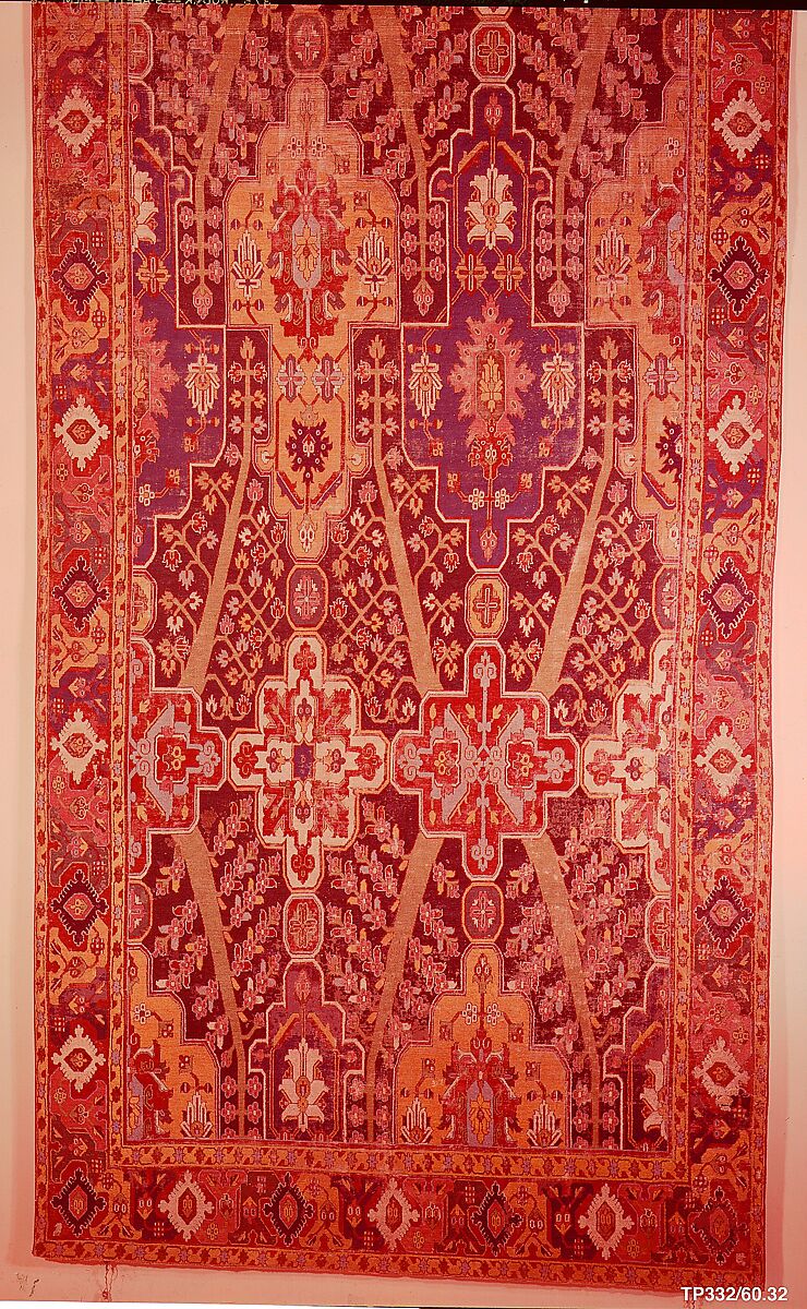 Carpet with Tree and Cartouche Design, Cotton (warp and weft), wool (pile); asymmetrically knotted pile
