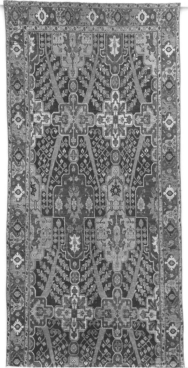 Carpet with Tree and Cartouche Design, Cotton (warp and weft), wool (pile); asymmetrically knotted pile