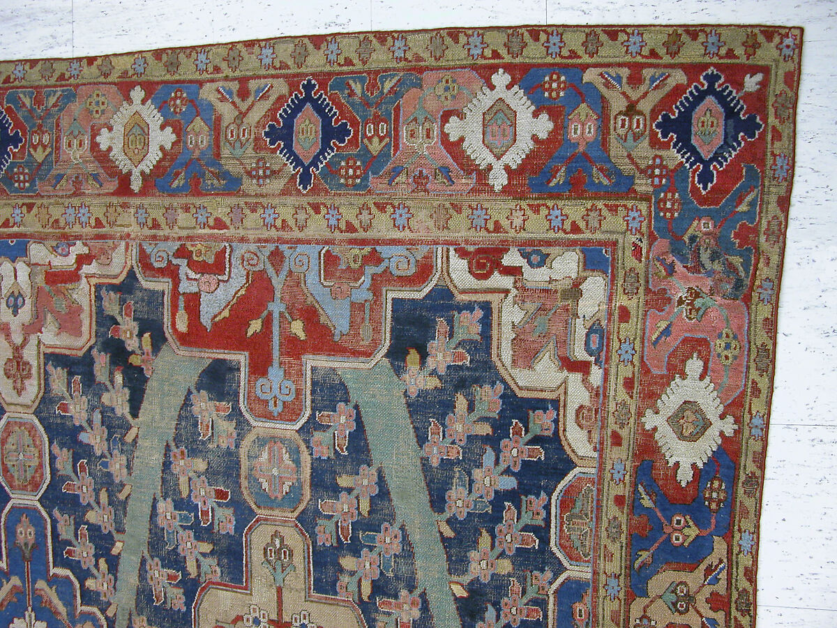 Carpet with Tree and Cartouche Design, Cotton (warp and weft), wool (pile); asymmetrically knotted pile