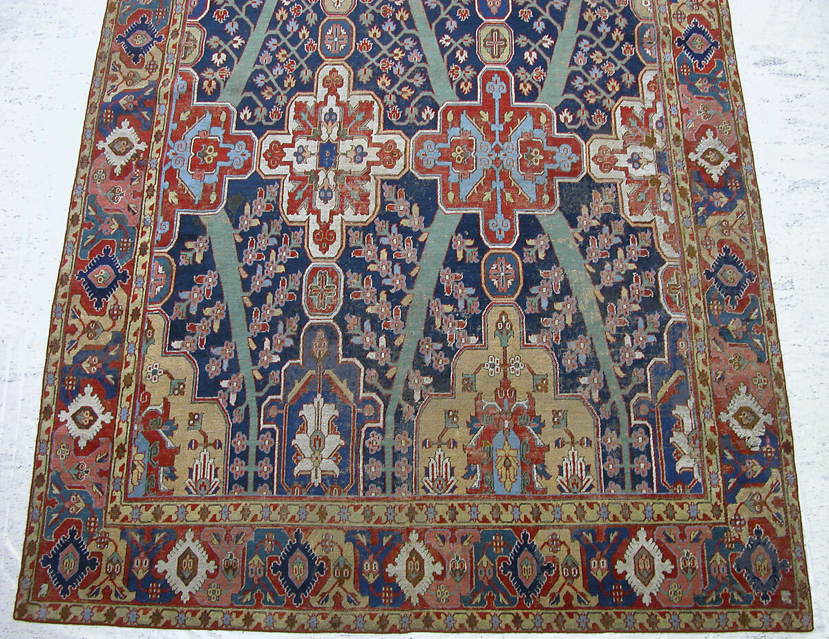 Carpet with Tree and Cartouche Design, Cotton (warp and weft), wool (pile); asymmetrically knotted pile