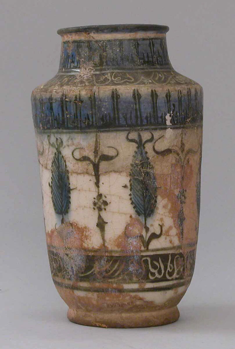 Vase, Stonepaste; glazed
Type: black-white-blue ware 