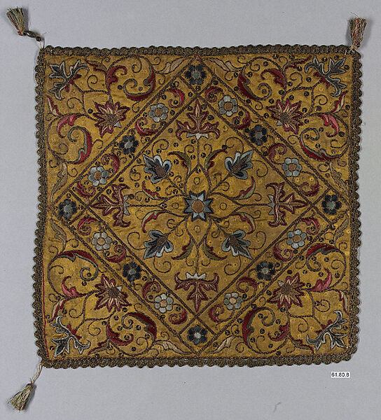 Square, Silk, gold wrapped thread; embroidered
