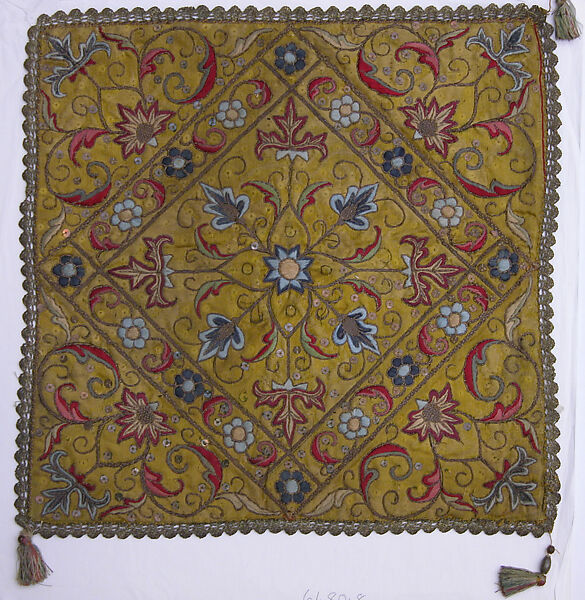 Square, Silk, gold wrapped thread; embroidered 