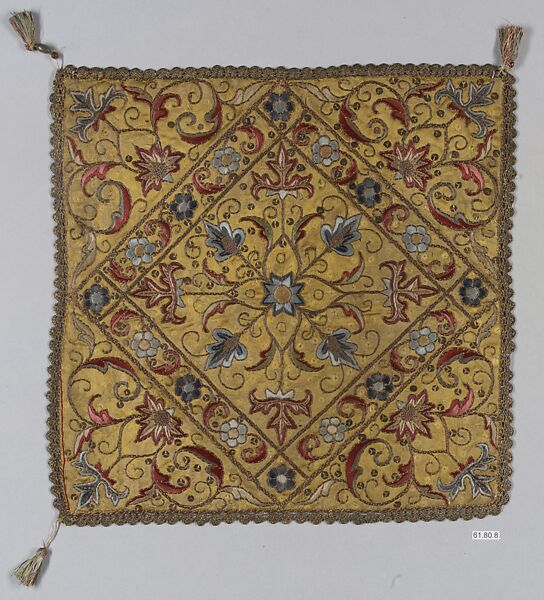 Square, Silk, gold wrapped thread; embroidered