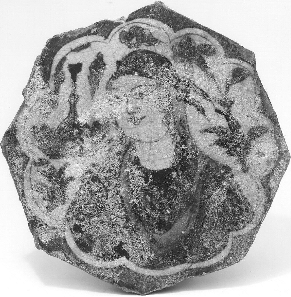 Octagonal Shaped Tile with a Woman Bust in "Kubachi" Style, Stonepaste; painted in blue, turquoise, black, and white under transparent glaze