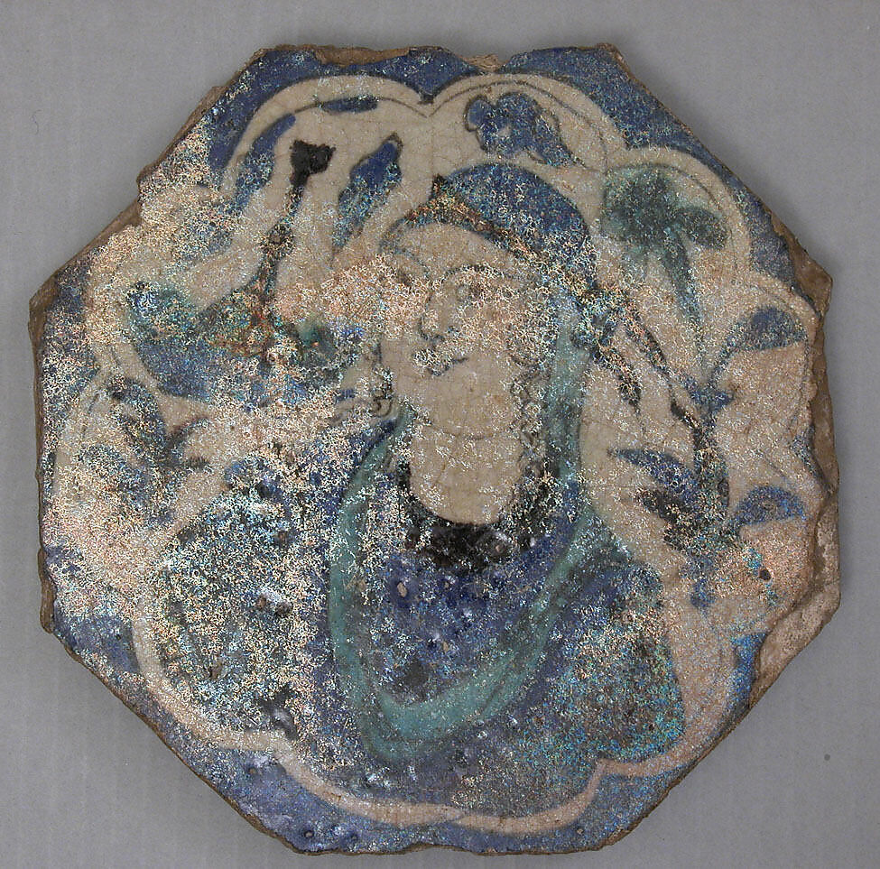 Octagonal Shaped Tile with a Woman Bust in "Kubachi" Style, Stonepaste; painted in blue, turquoise, black, and white under transparent glaze 