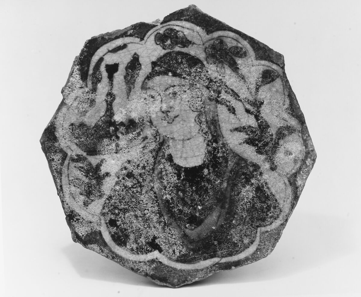 Octagonal Shaped Tile with a Woman Bust in "Kubachi" Style, Stonepaste; painted in blue, turquoise, black, and white under transparent glaze