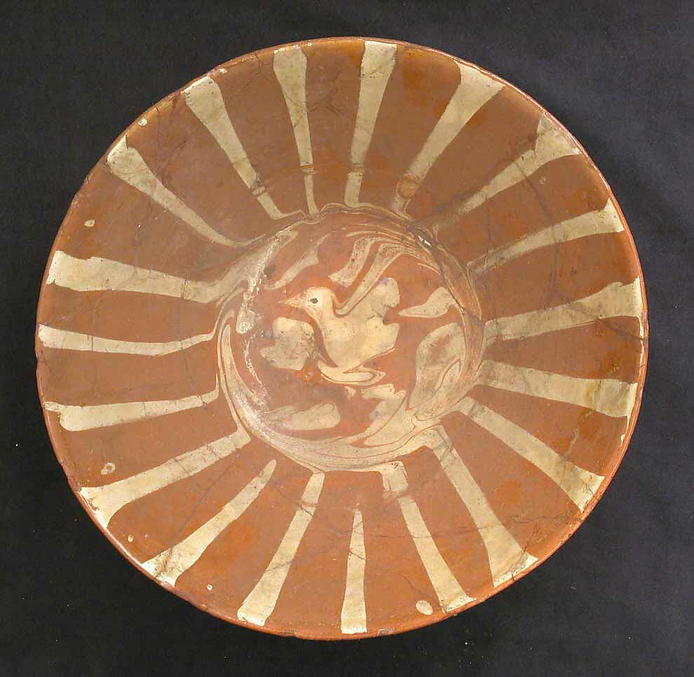 Bowl, Earthenware; white slip, splashed and applied reddish brown glaze 