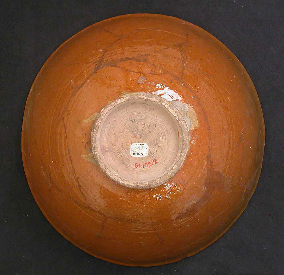 Bowl, Earthenware; white slip, splashed and applied reddish brown glaze