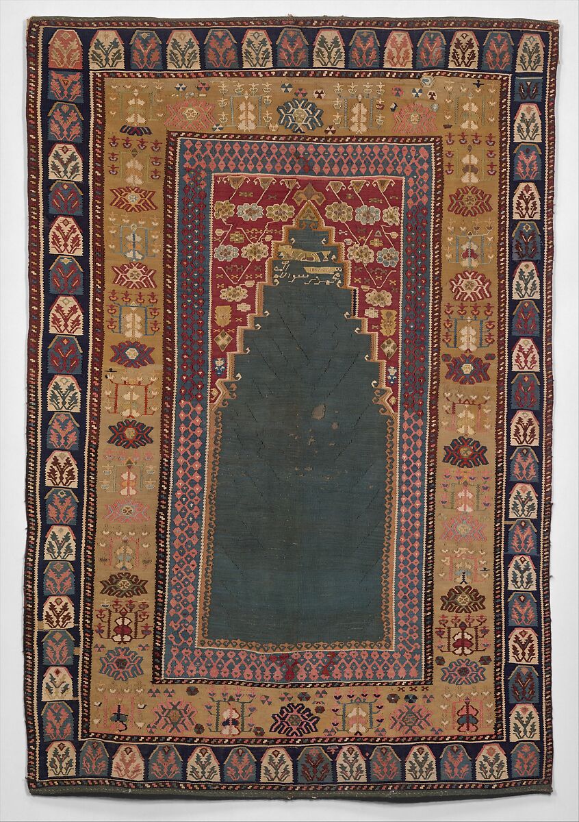Carpet, Cotton (warp and weft), wool (weft), silk (weft), metal wrapped silk thread; tapestry-woven 