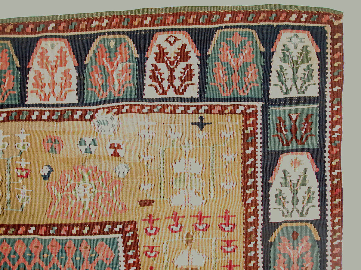 Carpet, Cotton (warp and weft), wool (weft), silk (weft), metal wrapped silk thread; tapestry-woven