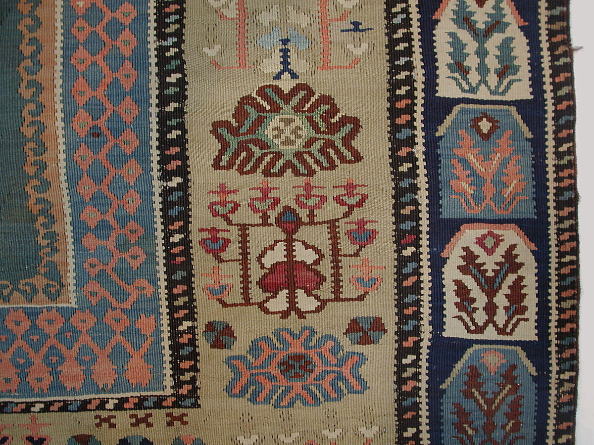 Carpet, Cotton (warp and weft), wool (weft), silk (weft), metal wrapped silk thread; tapestry-woven