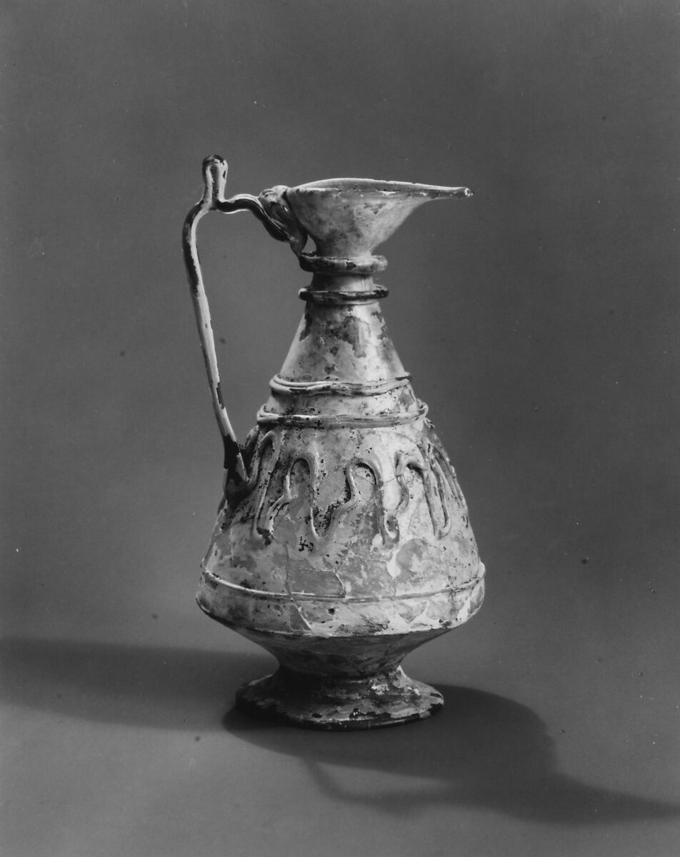 Small Glass Ewer, Glass, green; blown, applied handle and decoration