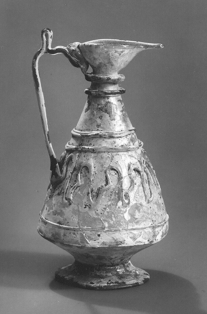 Small Glass Ewer, Glass, green; blown, applied handle and decoration