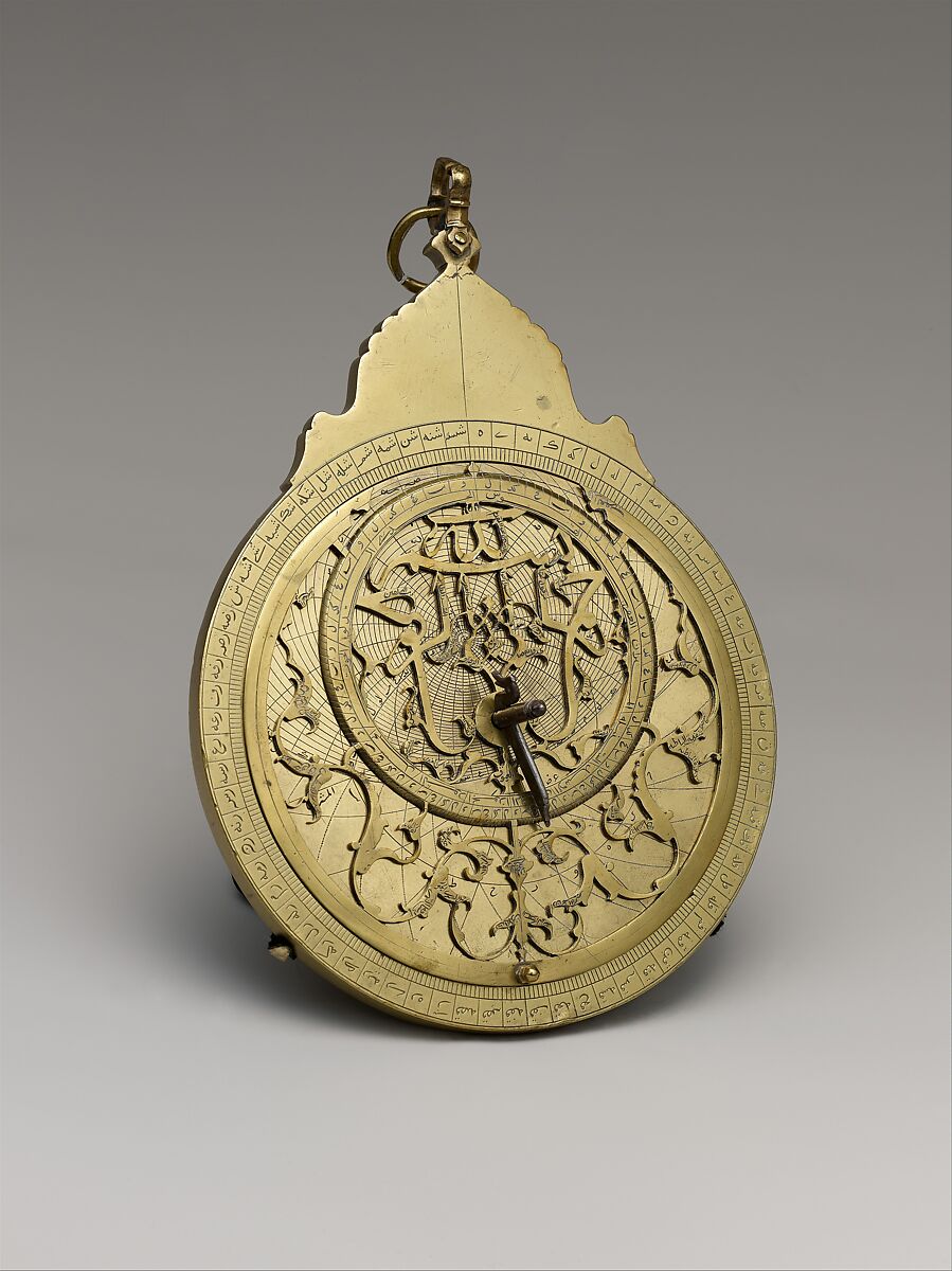 Planispheric Astrolabe, Muhammad Zaman al-Munajjim al-Asturlabi (Iranian, active 1643–1689), Brass and steel; cast and hammered, pierced and engraved 