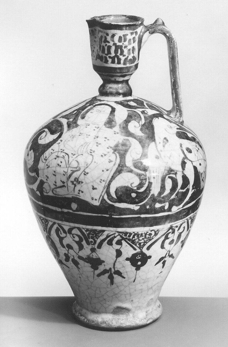 Ewer, Stonepaste; molded; luster-painted on opaque white glaze under transparent colorless glaze