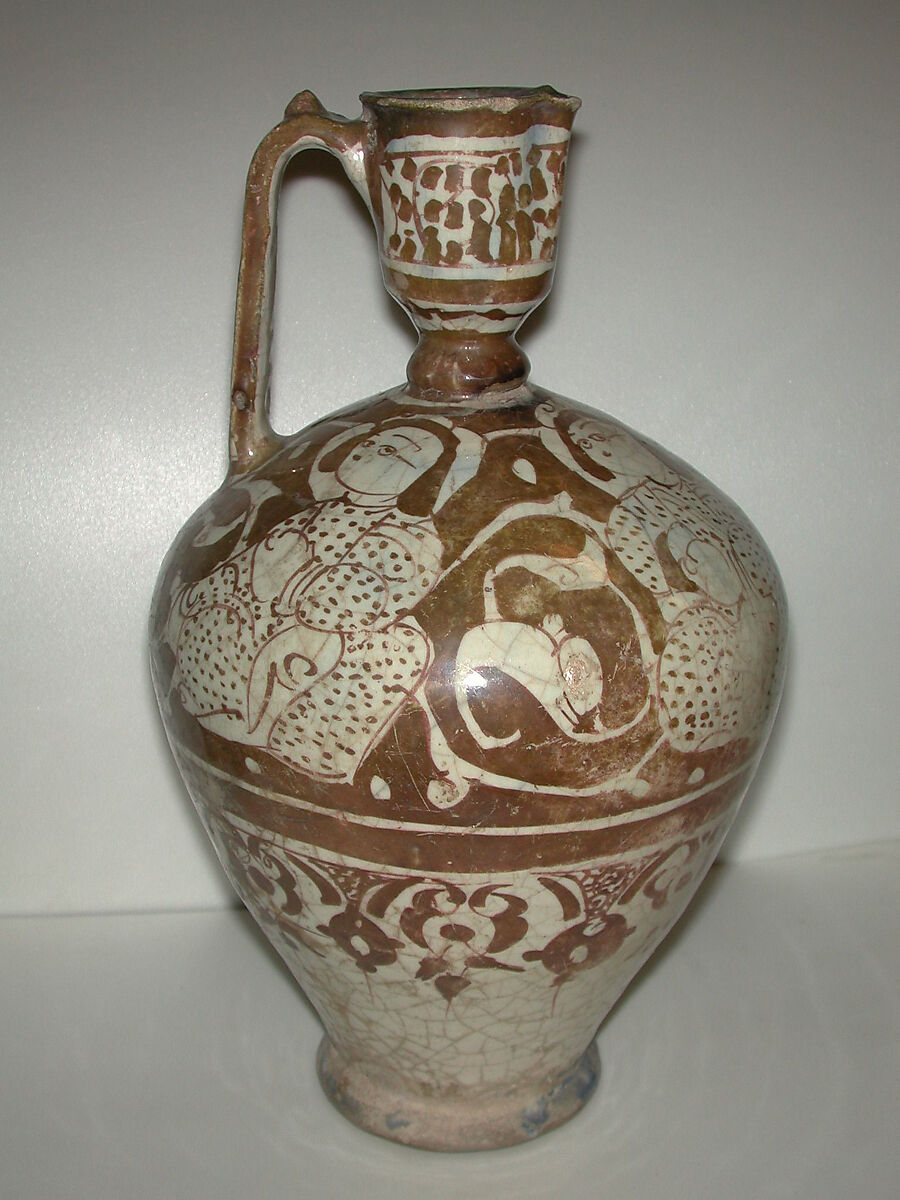 Ewer, Stonepaste; molded; luster-painted on opaque white glaze under transparent colorless glaze 