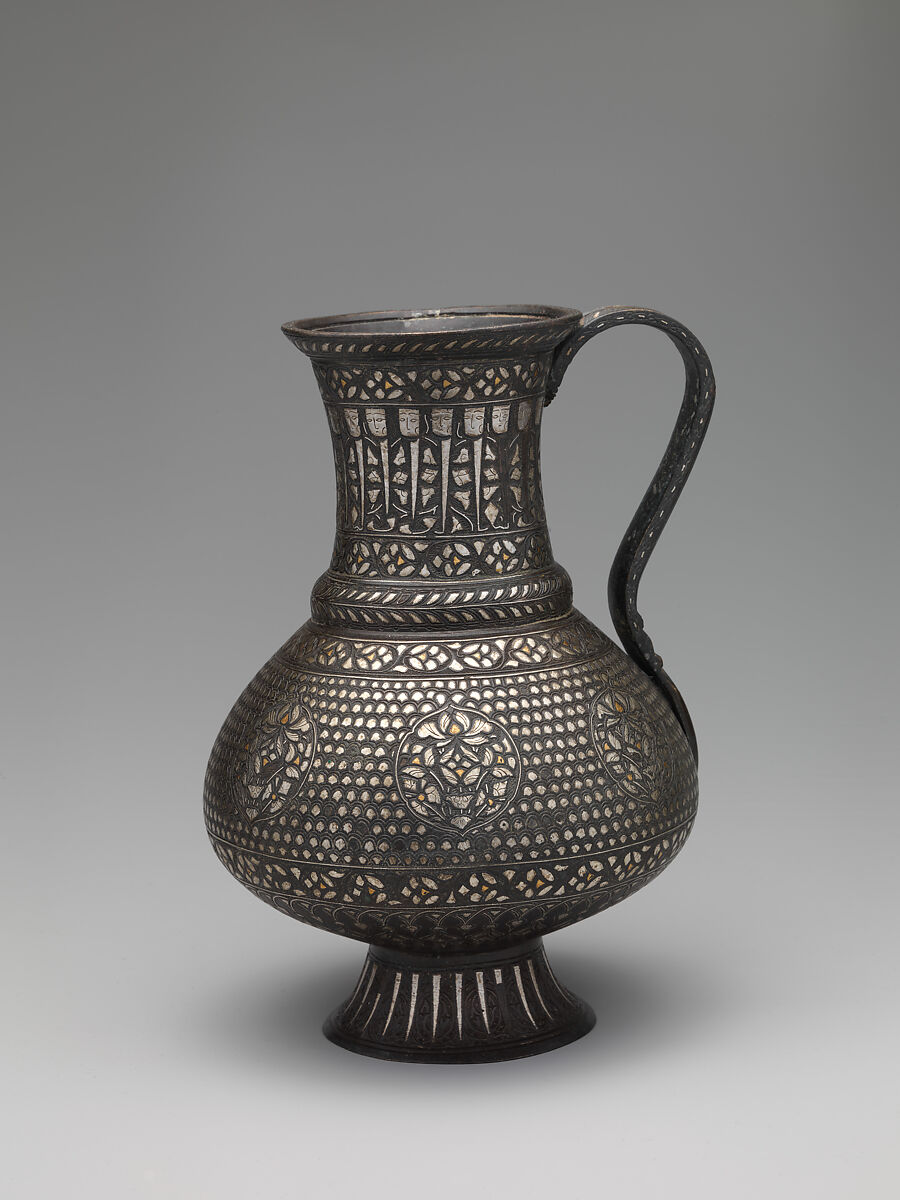 Ewer, Bronze; cast with handle cast separately, chased, engraved, inlaid with silver and gold 