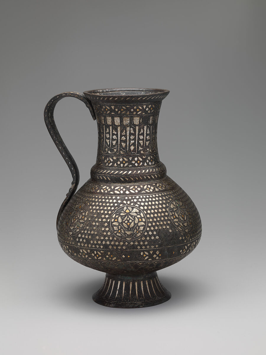 Ewer, Bronze; cast with handle cast separately, chased, engraved, inlaid with silver and gold