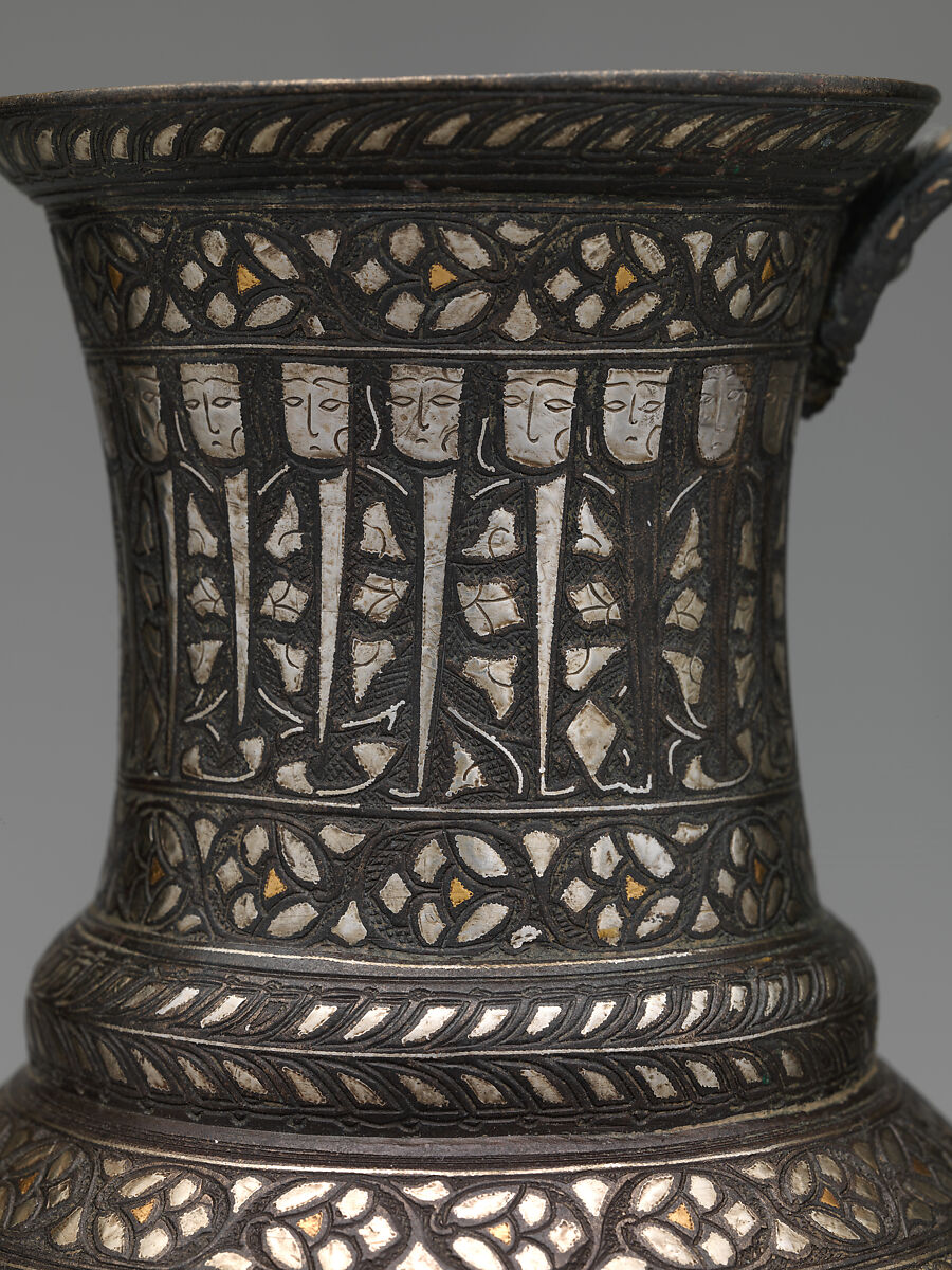 Ewer, Bronze; cast with handle cast separately, chased, engraved, inlaid with silver and gold