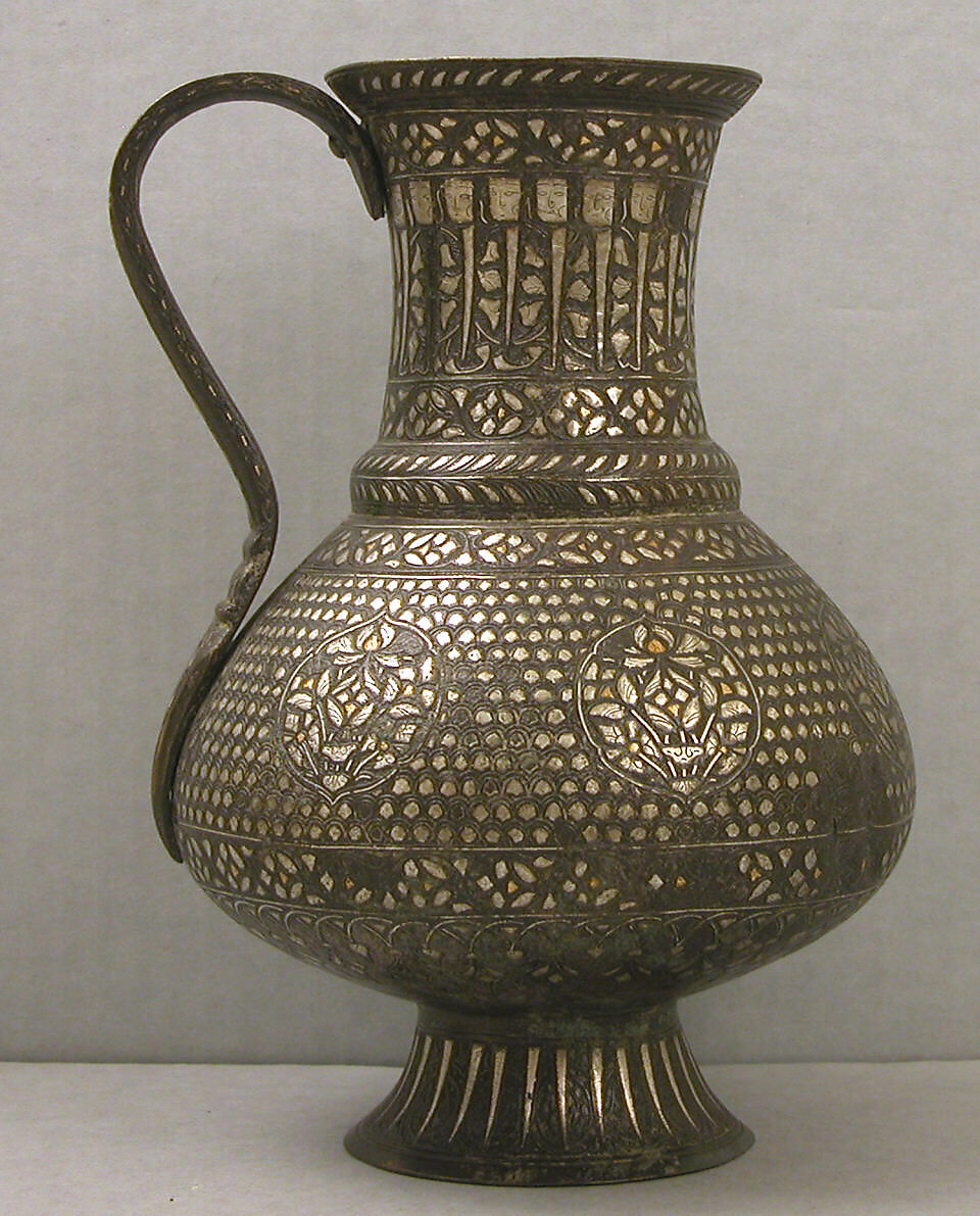 Ewer, Bronze; cast with handle cast separately, chased, engraved, inlaid with silver and gold