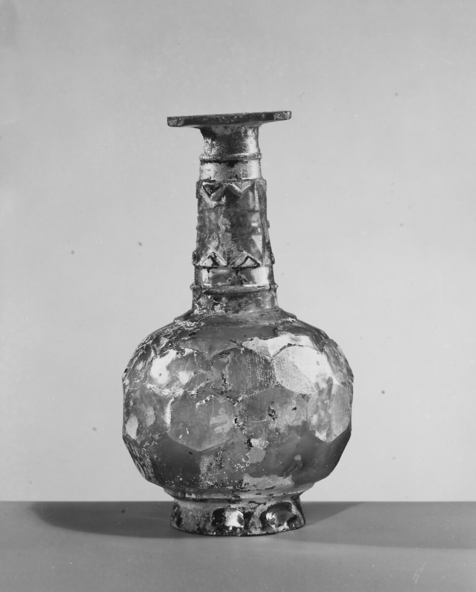 Bottle, Glass, colorless with yellowish tinge; blown, cut