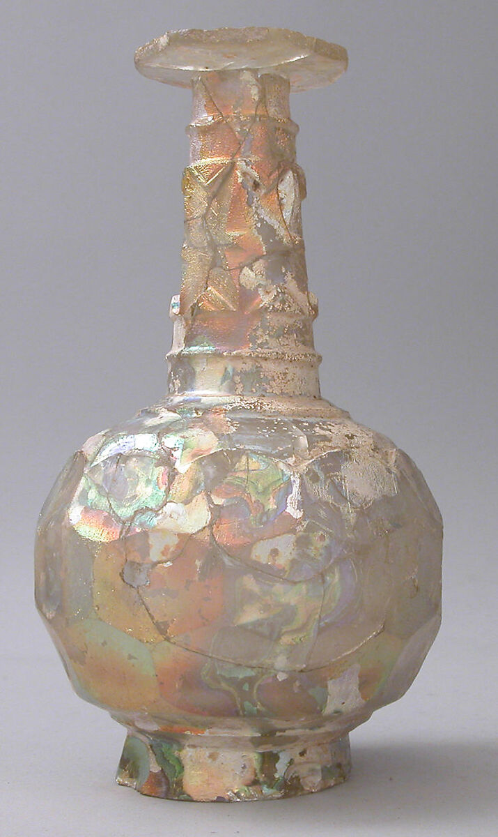 Bottle, Glass, colorless with yellowish tinge; blown, cut