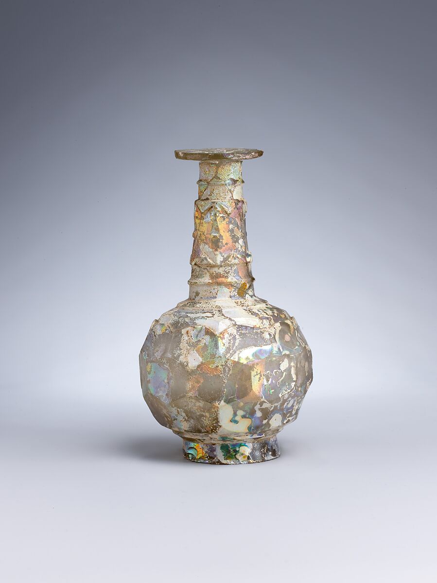 Bottle, Glass, colorless with yellowish tinge; blown, cut 