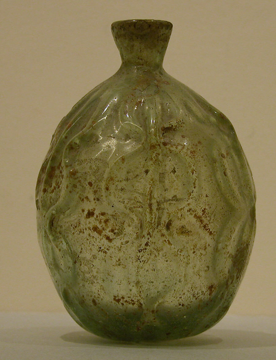 Bottle, Glass, greenish; mold blown, tooled, and free blown 