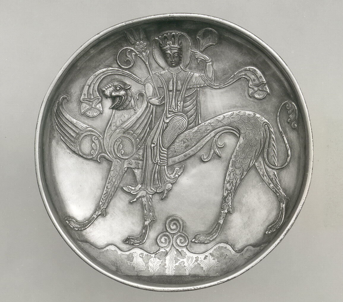 Plate Depicting a Female Figure Riding a Fantastic Winged Beast, Silver; gilded, chased, and engraved, with applied elements