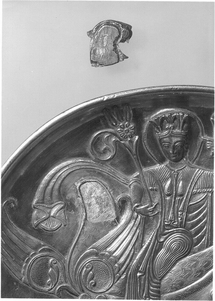 Plate Depicting a Female Figure Riding a Fantastic Winged Beast, Silver; gilded, chased, and engraved, with applied elements