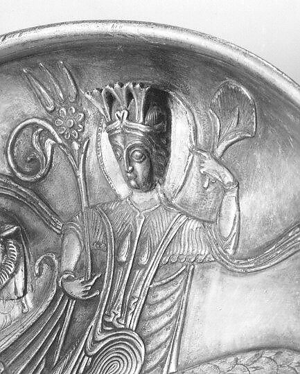 Plate Depicting a Female Figure Riding a Fantastic Winged Beast, Silver; gilded, chased, and engraved, with applied elements