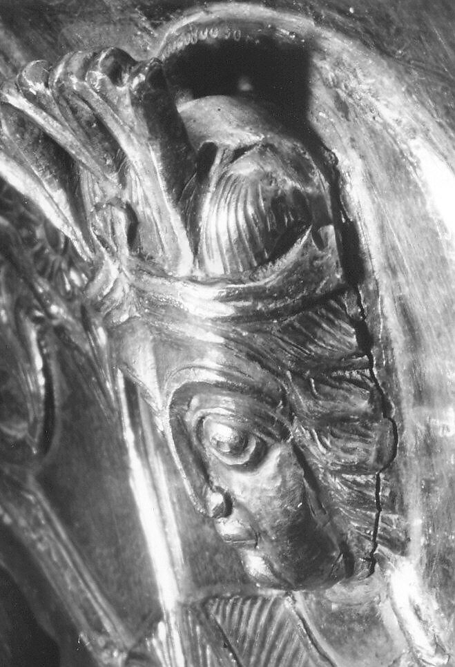 Plate Depicting a Female Figure Riding a Fantastic Winged Beast, Silver; gilded, chased, and engraved, with applied elements