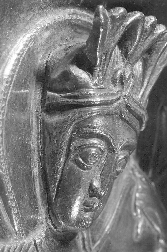 Plate Depicting a Female Figure Riding a Fantastic Winged Beast, Silver; gilded, chased, and engraved, with applied elements