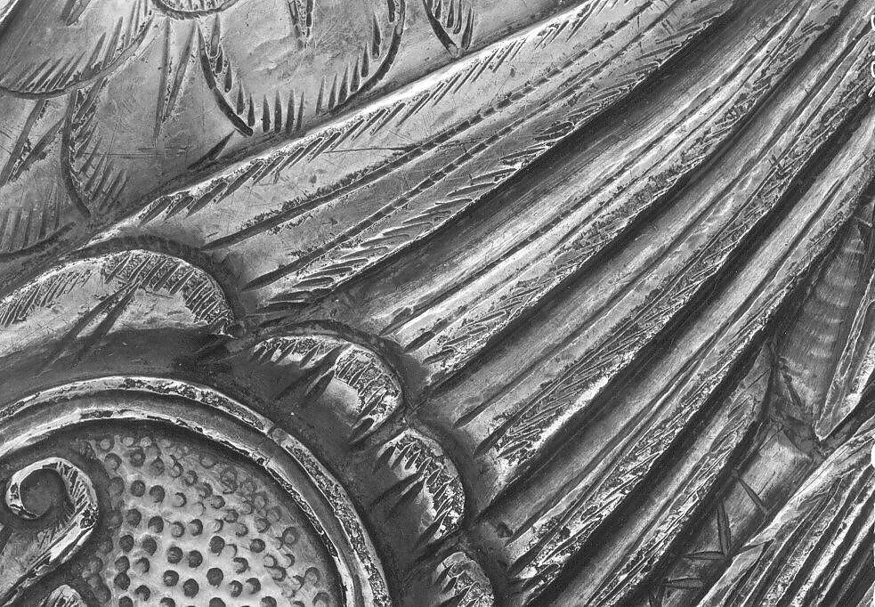 Plate Depicting a Female Figure Riding a Fantastic Winged Beast, Silver; gilded, chased, and engraved, with applied elements