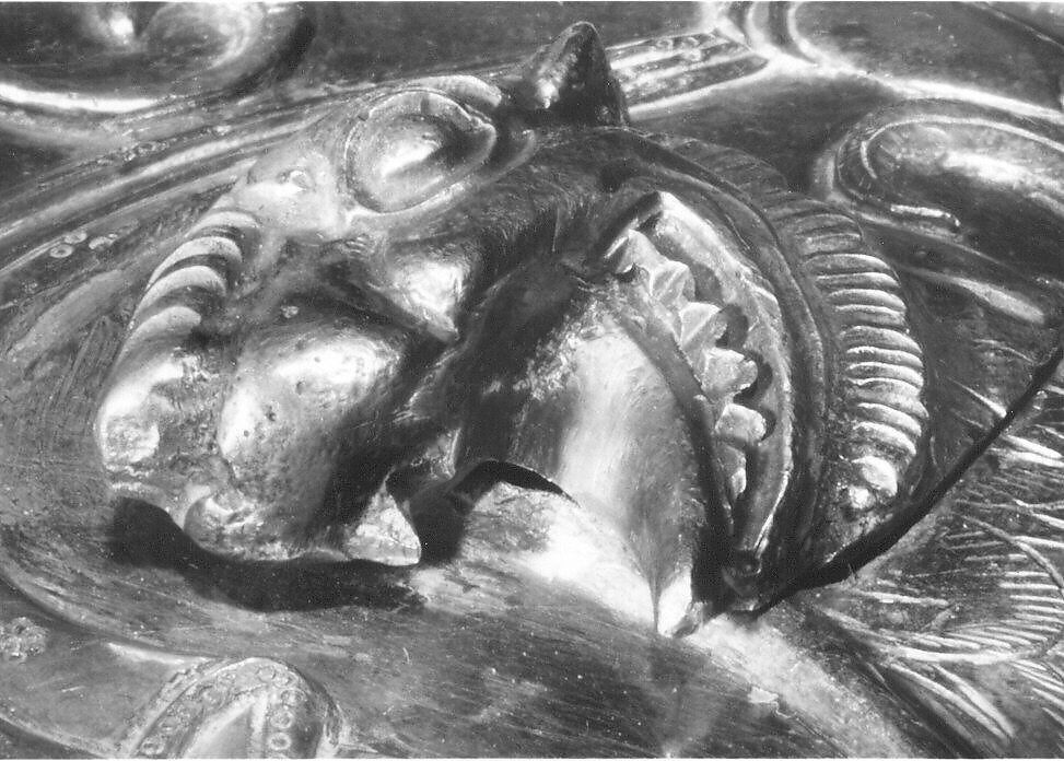 Plate Depicting a Female Figure Riding a Fantastic Winged Beast, Silver; gilded, chased, and engraved, with applied elements