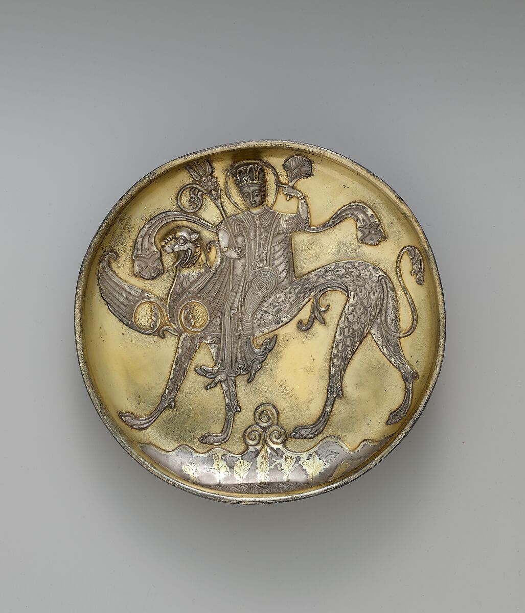 Plate Depicting a Female Figure Riding a Fantastic Winged Beast, Silver; gilded, chased, and engraved, with applied elements 