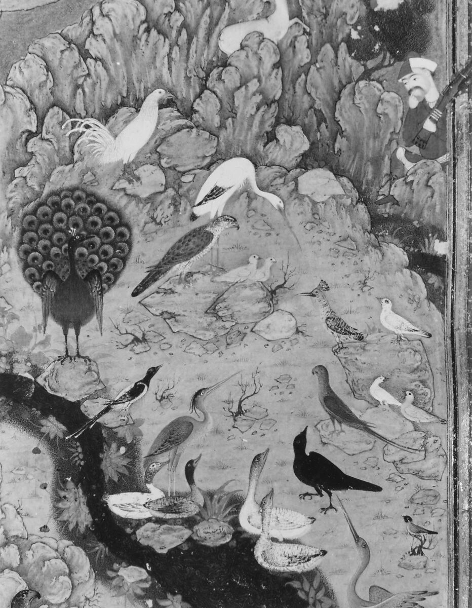 "The Concourse of the Birds", Folio 11r from a Mantiq al-Tayr (Language of the Birds), Painting by Habiballah of Sava (Iranian, active ca. 1590–1610), Ink, opaque watercolor, gold, and silver on paper