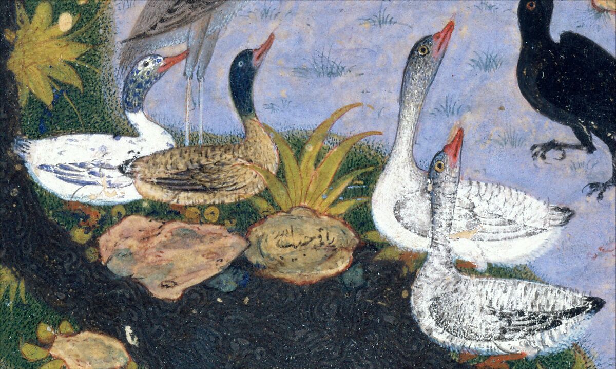 "The Concourse of the Birds", Folio 11r from a Mantiq al-Tayr (Language of the Birds), Painting by Habiballah of Sava (Iranian, active ca. 1590–1610), Ink, opaque watercolor, gold, and silver on paper